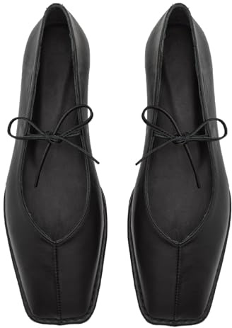 VOZTOLLS Ballet Flats for Women Lace Up Bow Square Toe Mary Janes Cute Ballerina Shoes Slip On Comfortable Elegant Dress Shoes, Black, 7 UK