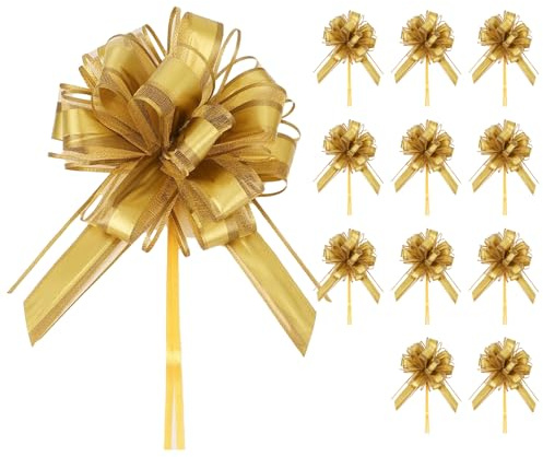 12 Pièces Nœuds pour Cadeau,Dorés Rubans d'emballage Cadeau avec Nœud,Grands Nœuds à Tirer pour Mariage,Anniversaire,Emballage Cadeau,Décoration de Voiture,Sacs à Sucre