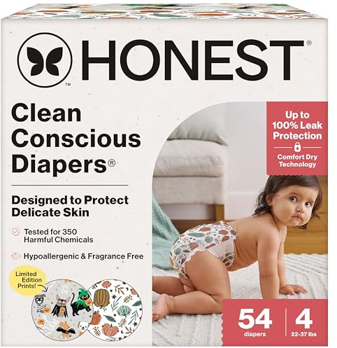 The Honest Company Comfort Dry Disposable Diapers for Sensitive Skin, Hypoallergenic, Fragrance-Free, Fall '25 Seasonal Prints, Club Box, Size 4 (22-37 lbs), 54 Count