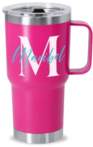 DEREGALOOS. Taza Térmica Personalizada con Inicial y Nombre. Termo Personalizado. Acero Inoxidable Reciclado 600ml. Regalo para Pareja, Amigos. Ideal para Oficina, Gimnasio (Fucsia)