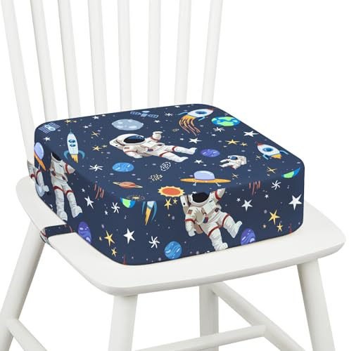 omedecal Rialzo Sedia per Bambini, Seggiolino da Tavolo per Bambini Lavabile Cartoon Cuscino con 2 Regolabile Cinghie & Base Antiscivolo 32 x 32 x 10 cm - Astronauta