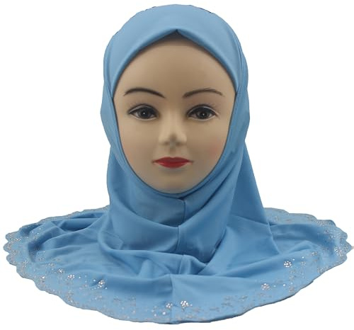 Modest Beauty Girls/Children Hijab Scarf Headscarf Wrap one Piece Muslim Amira with Czech Drill (Sky Blue-wavy edge, Medium)