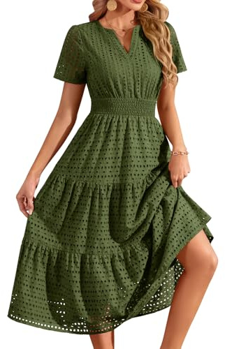 PASUDA Robe d'été pour Femme Chic Et Elegant Longue Robes Manches Courtes Col en V Coton Robe Plage Décontracté Boheme avec Poches