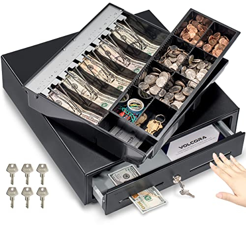 Volcora 16 Manual Push Open Cash Register Drawer for Point of Sale (POS) System, Black Heavy Duty Till with 5 Bills/8 Coin Slots, Key Lock with Fully Removable Money Tray and Double Media Slots