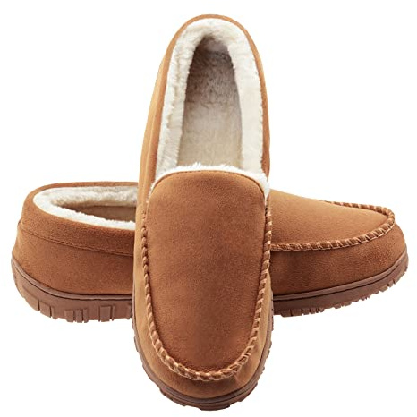 Lulex Moccasins for Men House Slippers Indoor Outdoor Plush Mens Bedroom Shoes with Hard Sole Beige 10 M US