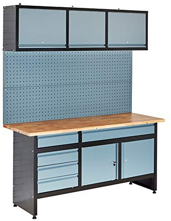 BiGDUG Garage Workstation with Tool Panel, Drawer and Cabinet Storage - Heavy Duty Workbench - Black and Grey - 1700W x 600D mm