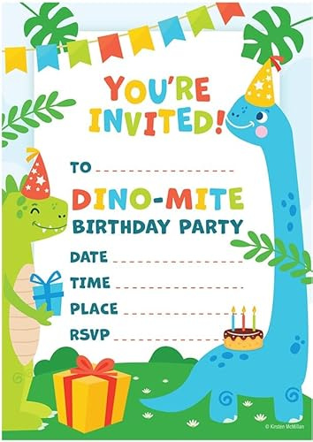 Kirsten McMillan 32 Dinosaur Birthday Party Invitations for Kids with Envelopes - Pack of 32 Dinosaur Party Invites for Girls & Boys - Designed and Printed in the UK