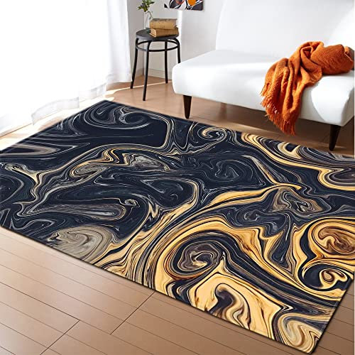 Mateju Teppich Schlafzimmer Wohnzimmer Teppich 3D Marmor Dekoration Waschbarer Flanell Teppiche Balkon Terrasse Küchenteppich Bodenmatte Fußmatte (100x120cm,Schwarzes Gold)