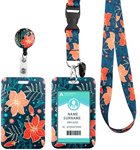 Ausweishülle mit Band, Schlüsselband Ausweishalter Ausziehbar, Schlüsselanhänger mit Karabiner, für Frauen, Lehrer, Krankenschwestern, Doktor, Student(Red Flower)