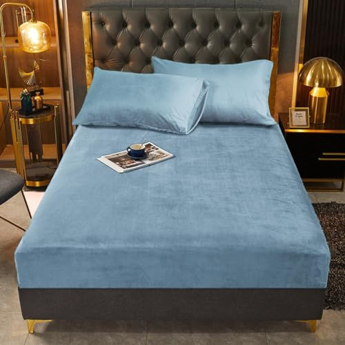 Drap-housse d'hiver 100 x 200 cm Bleu clair chaud 100 x 200 cm en velours éponge flanelle douillet doux motif uni 100 x 200 cm pour lit à sommier tapissier haut matelas