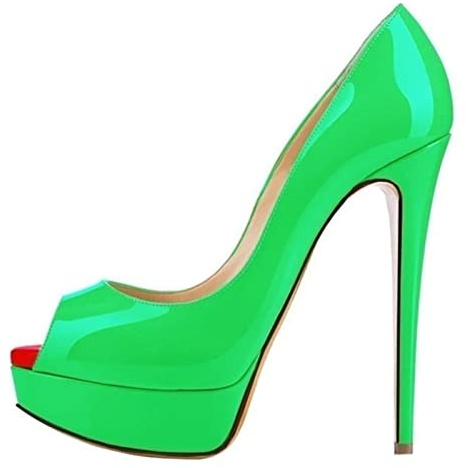 QIANKUN Sexy Open Toe Platform Women High Heels Super High Patent Leather High Heels Shoes Red Wedding Stilettos-Green,36