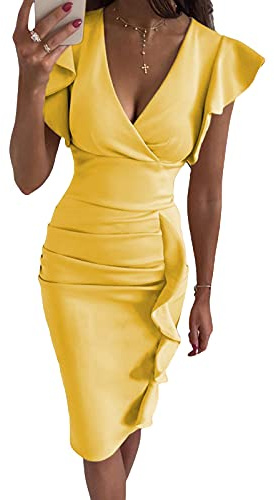 Vestido Sexy de Fiesta para Mujer Vestido Ajustado Elegante sin Manga Vestido Delgado de Cuello en V con Volantes para Cóctel Dress Bodycon Slim Fit Color Sólido de Boda Banquete (Amarillo, L)