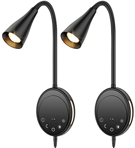 SANKEDOU LED Wandleuchte, Buch Licht zum Lesen im Bett mit Touch Control, 5 Dimmbar, USB Ausgang, Nachtlicht Timer Funktion, Flexible Schwanenhals Kopfteil Bettleuchten (Schwarz-2P)