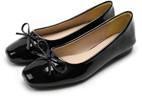 Dear Time Women's Casual Foldable Ballet Flats Square Toe Ballerina Flats Shoes Comfortable Black Patent Leather Size 6