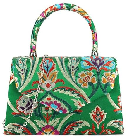 UShopUK Bolso de mano de satén floral multicolor para novia, graduación, boda, noche, fiesta, bolso de mano, Tote Verde, medium