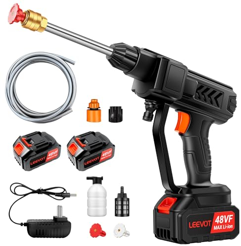 LEEVOT Akku-Hochdruckreiniger, 21 V max 10 bar Mobiler Akku-Hochdruckreiniger mit 2 Batterien 2000 mAh Tragbare Handwaschpistole für Autos, Terrassen, Fenster, Rasen, Pools