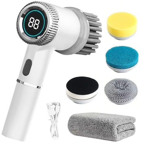 Cepillo de Limpieza Eléctrico, Cepillo Electrico Limpieza Hogar, Cepillo Limpieza Hogar con 5 Cabezales de Cepillo, Cepillo Eléctrico de Limpieza Inalámbrico para Baño, Cocina, Coche