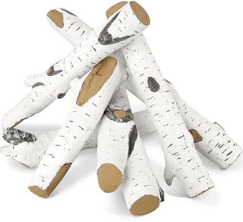 Inserto per caminetto a gas, 59,9 cm, grande, in ceramica, finto legno, senza sfiato, braciere a propano, per interni ed esterni, in finta betulla, decorazione artificiale, confezione da 6