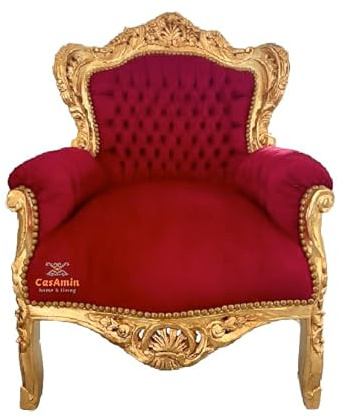 CasAmin Home & Living Sillón rojo Sillón de sofá francés Luis XV barrococó estilo barrococó en terciopelo burdeos y acabado dorado para decoración de interiores