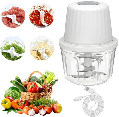 Zwiebelschneider Elektrisch, Zwiebel Zerkleinerer Gemüsezerkleinerer Mixer Multi Universalzerkleinerer 400ml Arbeitsbehälter mit Typ-C-Ladekabel für Fleisch, Zwiebeln, Knoblauch, Nüsse (Weiß)