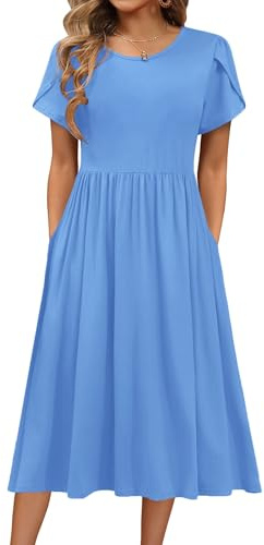 Hotouch Vestido Verano Mujer Ligero Elegante Manga Corta Cuello Redondo Playa Línea A Midi Casual Cintura Alta con Bolsillos Azul Claro S