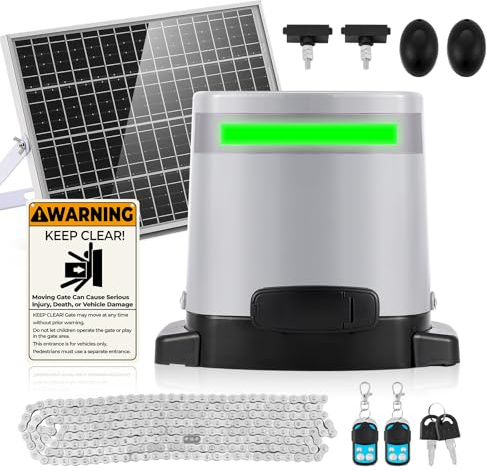 1300lbs Solar Sliding Gate Opener Chain Drive with Built-in Backup Battery, WiFi Remote Control, IR Sensor, Automatic Gate Motor for Heavy Driveway Slide Gates, Off-Grid Operation with Solar Panel
