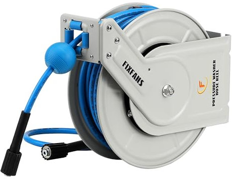 FIXFANS Hochdruckreiniger-Schlauchtrommel mit Schlauch, 0,6 cm × 18,3 m, einziehbare Hochdruckreiniger-Schlauchtrommel, robuste Schlauchtrommel, automatische Rückwicklung, Wandmontage, 3600 PSI