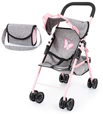 Bayer Pink Dolls Stroller - Baby Doll Pram Set with My First Foldable Dolls Pushchair for Up to 46cm Doll and Matching Changing Bag, Basket - Toy Buggy for Girls, Toddler, Kids