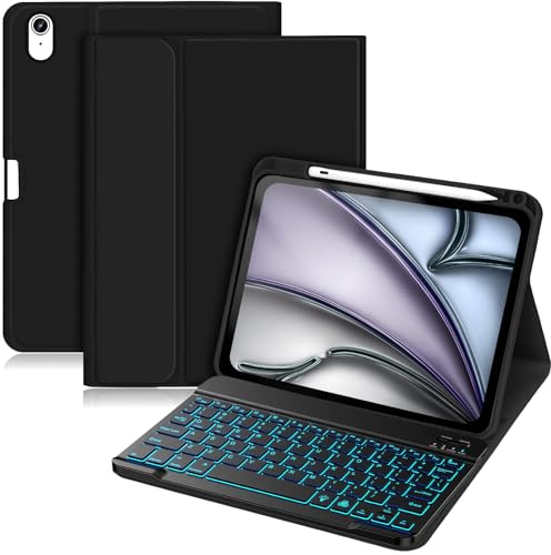 Fodral med tangentbord för iPad Air 11 tum M4 2026/M3 2025/M2 2024/iPad Air 5/4, upplyst med avtagbart tangentbord, TPU bakskal med pennhållare, QWERTZ-layout, svart