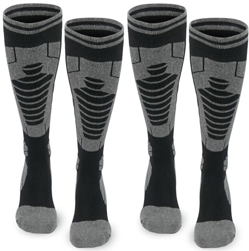 ouhos 2 Pairs Mens Thick Cushioned Thermal Ski Socks, Long Black Knee High Winter Warm Snowboarding Hunting Hiking Work Boot Cotton Socks for Men Size 9-12 UK