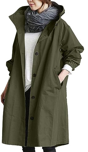 Trench long pour femme - Imperméable - Avec capuche et poches - Boutons - Respirant - Doublure - Coupe-vent - Coupe-vent - Automne - Élégant - Coupe-vent - Tailles - Veste de transition - Veste