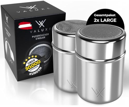 VALUXE® Puderzuckerstreuer 2x LARGE - Edelstahl Kakaostreuer mit feinem Sieb & Deckel - Puderzucker Pulver Streuer für präzises Bestäuben - Zuckerstreuer, Mehlstreuer spülmaschinengeeignet