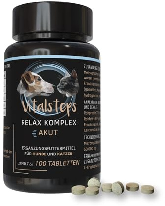 Vitalsteps Relax Komplex | Mit Baldrian, Zitronenmelisse, Kamille, Passionsblume u. L-Tryptophan für Hunde u. Katzen ca. 100 Tabletten