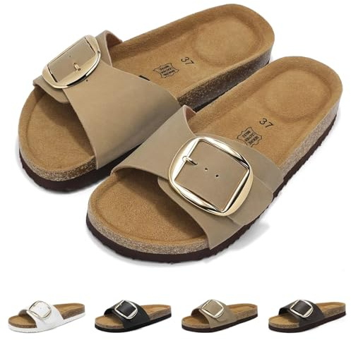 Wizshoe Sandales Femme Été Mules Semelle en Liège Confortables Chaussons à Boucle Réglable Sabots pour Support de l'arche Antidérapantes Chaussures Bout Ouvert Plates Beige 39EU