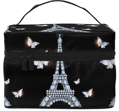Trousse à cosmétiques Tour Eiffel avec poignée - Grande capacité - Sac de rangement de voyage à plusieurs couches - Avec fermeture éclair
