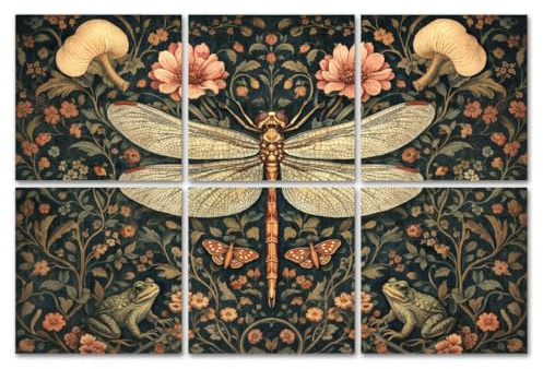 6 Pack Art Acoustic Panels Sound Absorbing Intricate Dragonfly Frogs Mushrooms Floral Vintage Style Decorative Soundproof Wall Panels Self Adhesive for Home Recording Studios 72x48