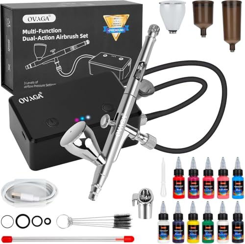 OVAGA Kit de aerógrafo de 32 PSI con compresor, recargable, multifunción, de doble acción, portátil, con juego de pintura de aerógrafo, 11 colores para pintar, maquillaje, decoración de pasteles