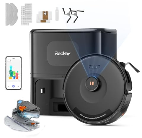 Redkey D8 Pro Robot Aspirador y Fregasuelos, 38000Pa Potente Succión con Estación de Succión 4L, Anti-Enredo de Pelos, Navegación LiDAR, Aspirador Robot 4-en-1 Aspira y Friega para Suelos, Alfombras