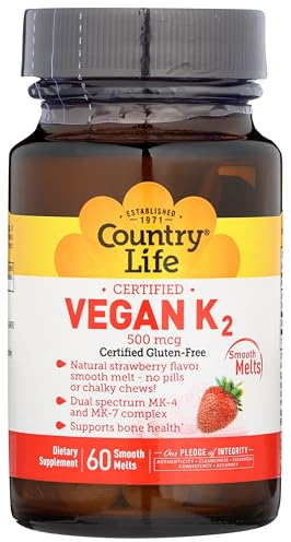 Country Life Vegan Vitamin K2, 500 mcg, Dual Spectrum MK-4 and MK-7 Complex, Supports Bone & Teeth Health, 60 Chewable Tablets, Strawberry Flavor