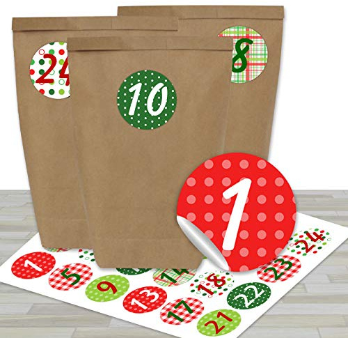 Calendario dell'Avvento fai da te da riempire - con 24 sacchetti di carta marrone e 24 adesivi colorati - per il fai da te e l'artigianato - Mini Set No 5 - Natale 2021 per bambini