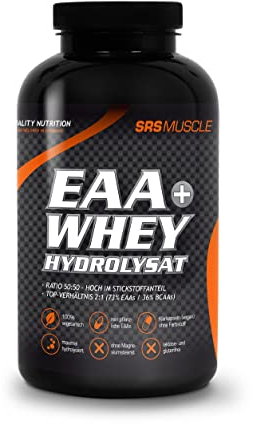 SRS Muscle - EAA+Whey Hydrolysat, 180 Kapseln | pflanzliche EAAs plus volles Spektrum aller 20 Aminosäuren | 73% EAAs und 36% BCAAs | vegane Klarkapseln | ohne Magnesiumstearat | deutsche Premiumqualität