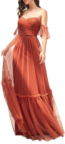 Ever-Pretty Robe Demoiselle d'honneur Femme Longue Épaules Dénudées à Volants A Line Plissé Bustier Chic Orange Brûlée 38