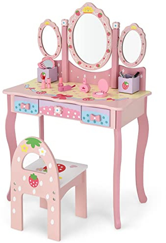 Maxmass Kids Dressing Table and Chair, 2-in-1 Vanity Table with Tri-Fold Mirror, 3 Drawers and 2 Storage Boxes, Girls Makeup Desk & Chair Set for Children Toddlers (Pink)