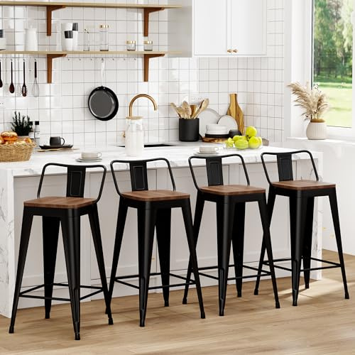 WENTMENT Metal Bar Stools Set of 4 Counter Height Barstools with Removable Back 24 Kitchen Bar Stools with Wooden Seat, Black
