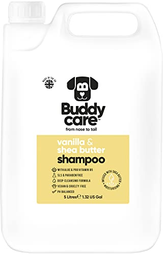 Shampooing à la Vanille et au Beurre de karité par Buddycare - Shampooing hydratant pour Chiens - Parfum Frais - avec de l'aloe Vera et de la provitamine B5 (5L)