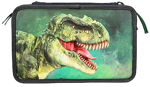 Depesche 12475 Dino World - Gefüllte 3-Fach Federtasche im Dinosaurier-Design mit 3D-Effekt, Federmäppchen mit Buntstiften, Lineal, Schere uvm.