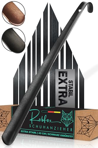Robfox 43cm Schuhlöffel I extra stabiler Schuhanzieher aus gebürstetem Stahl I lange Schuhanziehhilfe I Rückenschonender Schuh Löffel in Premium Qualität (Schwarz)