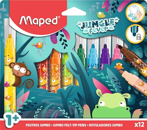 Maped Feutres de coloriage pour enfants à partir de 1 an - Feutres thème jungle - Pointes sécurisées et bloquées - Encre lavable - Boîte de 12 maxi marqueurs - Sans danger pour les bébés et les