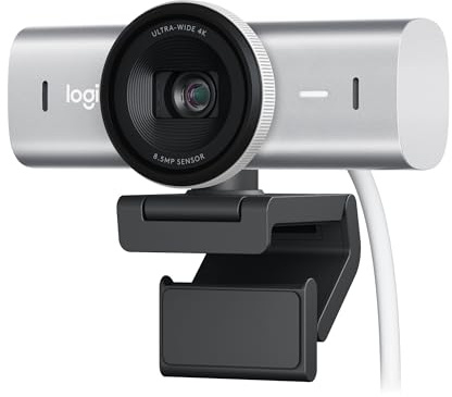 Logitech MX Brio Ultra HD 4K Collaboration and Streaming Webcam, 1080p at 60 FPS, Dual Noise Reducing Mics, Show Mode, USB-C, Webcam Cover, Works with Microsoft Teams, Zoom, Google Meet, Pale grey