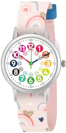 Kinderuhr für Mädchen und Jungens. Kleine Kinder lernen die Zeit kennen und leicht zu lesen. Justierbares Nylon Armband, Analog Uhr für Jungens und Mädchen zwischen 4 bis 11 Jahren (Regenbogen)